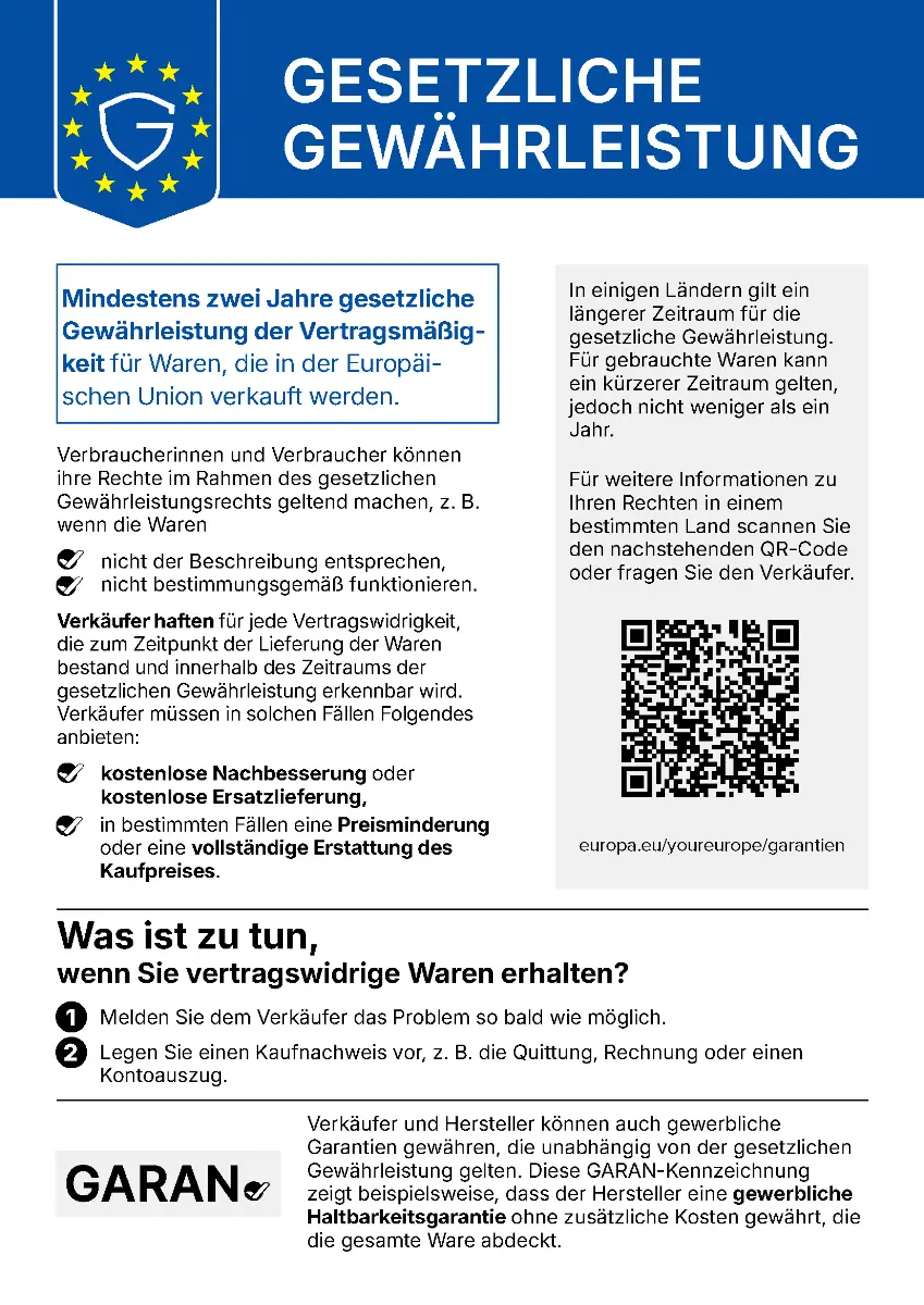 Deine gesetzlichen Gewährleistungsrechte: Mindestens zwei Jahre gesetzliche Gewährleistung der Vertragsmäßigkeit für Waren, die in der Europäischen Union verkauft werden.